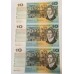AUSTRALIA 1966 . TEN 10 DOLLARS BANKNOTES . COOMBS/WILSON . ERROR . WET INK TRANSFER . CONSEC TRIO